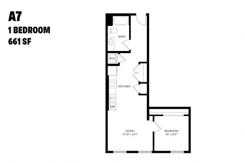 Floor plan for 1 bed, 1 bath, 661 sqft